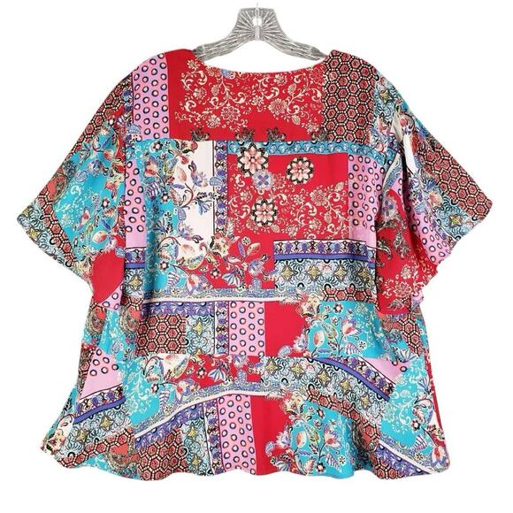 Chicos Shirt Top Size 3 US XL Patchwork Paisley Red Short Sleeve Blouse - Picture 3 of 9